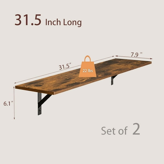 Set of 2 31.5" Wall Shelves, Long Rustic Brown Wall Mounted Storage Ledges with Sturdy Metal Brackets for Living Room, Bedroom, Bathroom, Kitchen