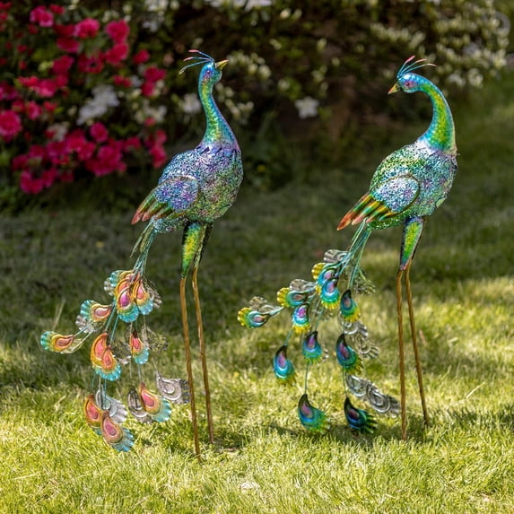 Set of 2 35" Tall Standing Colorful Iron Peacocks