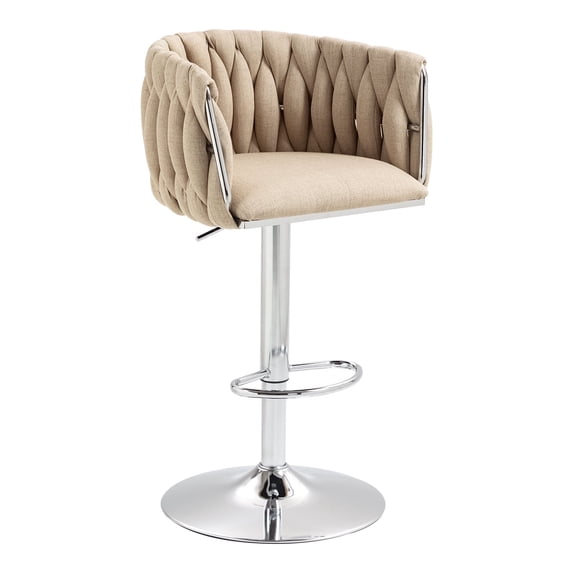 Set of 2 360° Swivel Bar Stools, Yellow - Adjustable Counter Height with Woven Back & Footrest, Silver Chrome for Kitchen Island, Cafe