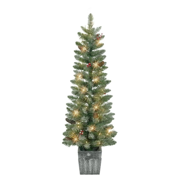 Set of 2 4 ft Pre-Lit Flocked Potted Trees with Battery-Operated Timer