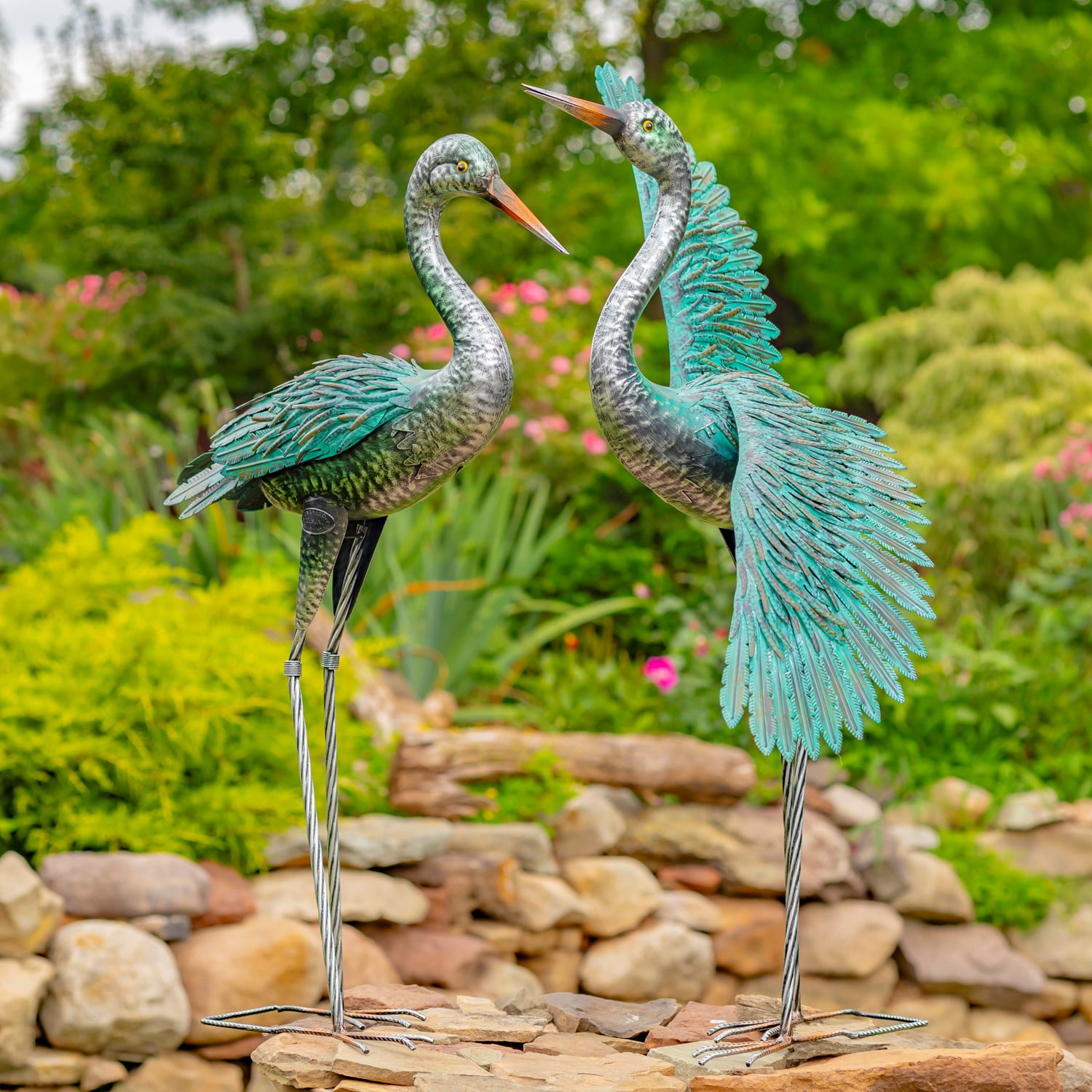 Set of 2 Tall Teal and Silver Iron Crane Garden Figurines