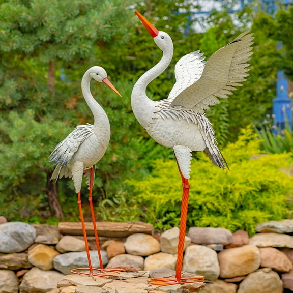 Set of 2 44.5" Tall Metal Great White Heron Garden Figurines