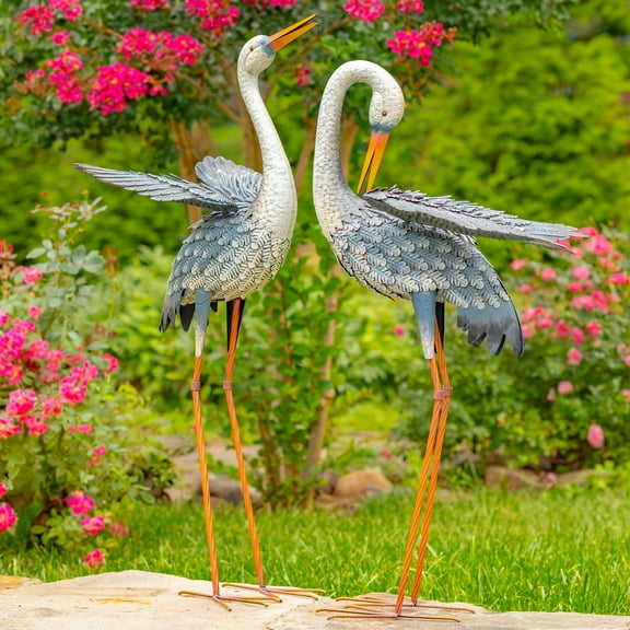 Set of 2 44" Tall Blue & White Metal Egret Garden Figurines