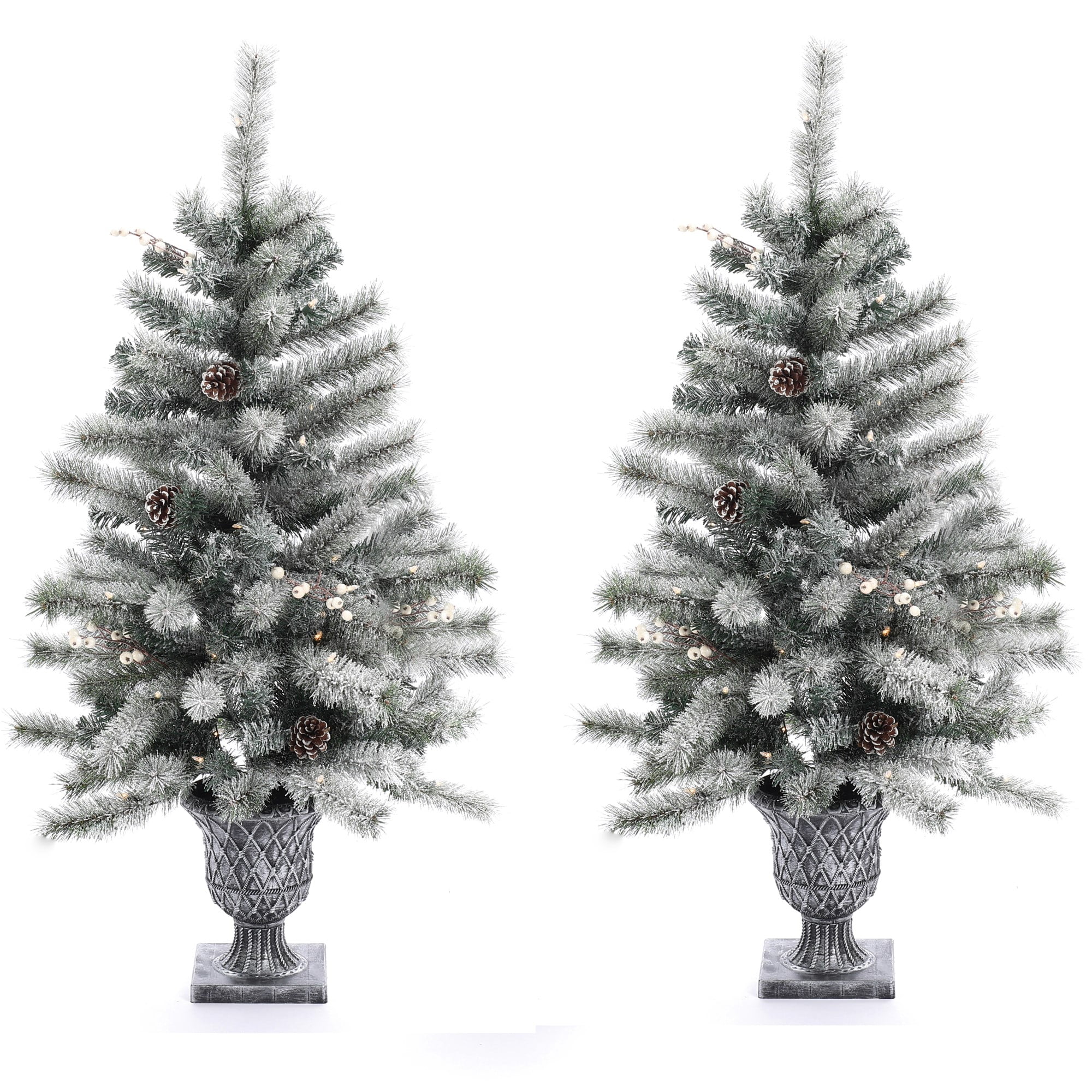 Set of 2 4Ft PreLit LED Artificial Flocked Pine Christmas Tree with