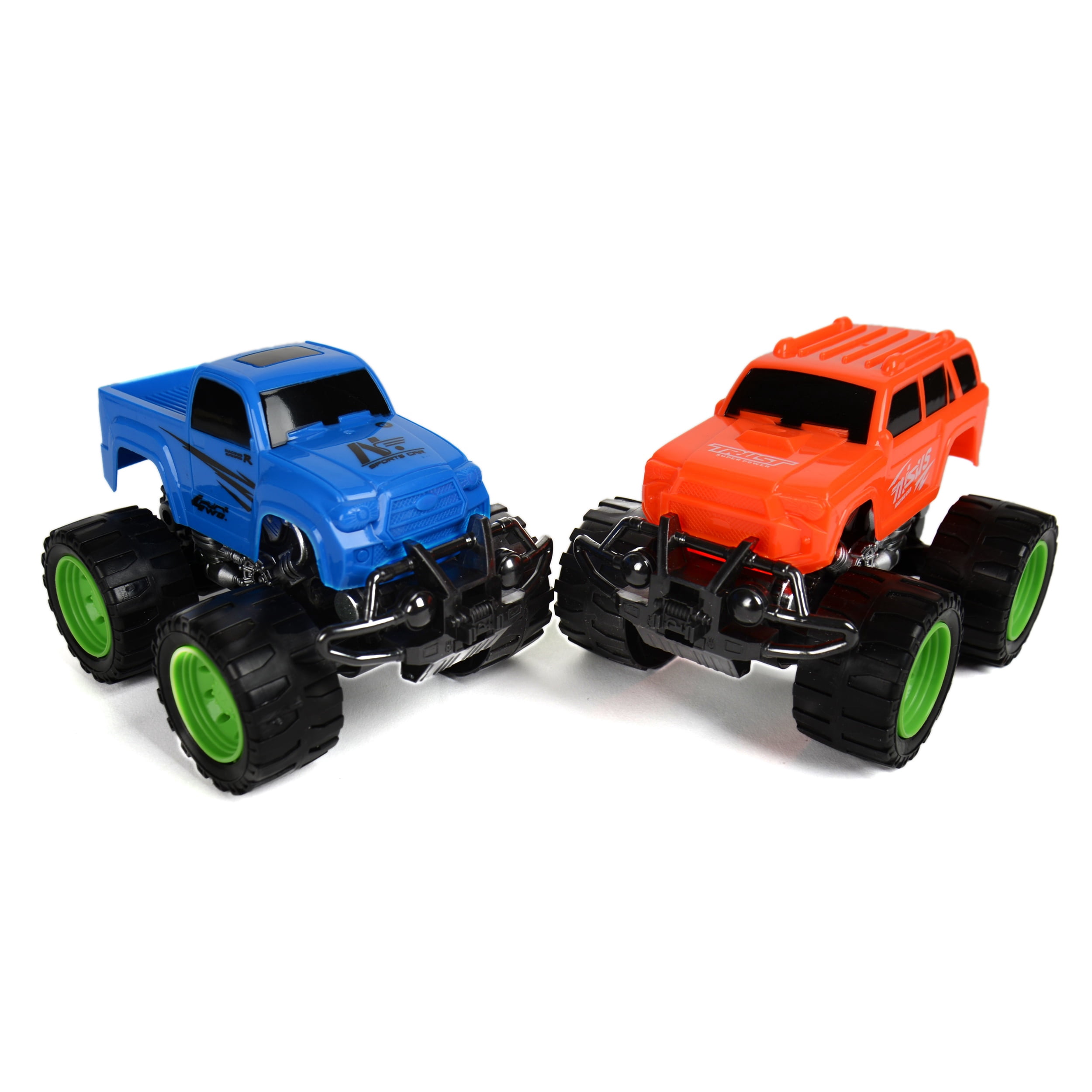 Set of 2 4WD Friction Power Monster Trucks with 360° Backflip Ramp – Push & Go Travel-Size Off-Road Toy Cars for Kids, Indoor & Outdoor Stunt Play