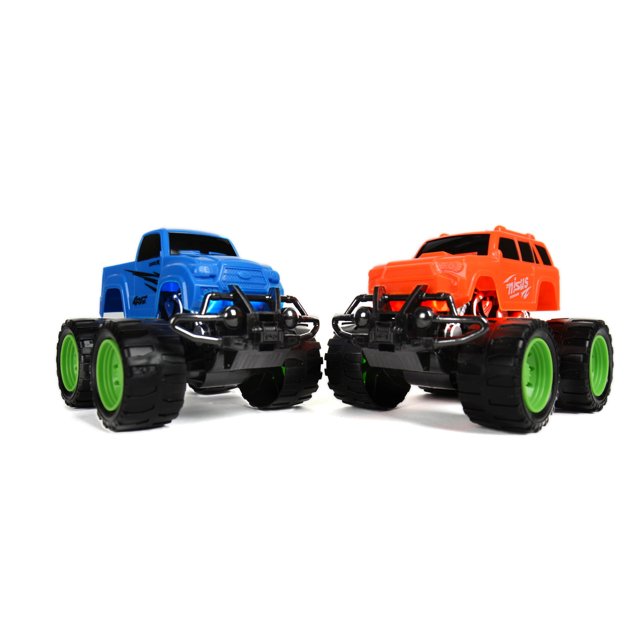 Set of 2 Friction Monster Trucks with Ramp – Travel-Size Off-Road Toy Trucks for Kids