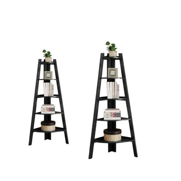(Set of 2) 5 Shelf Corner Bookcase in Black