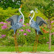 Set of 2 51 Tall White Neck Blue-Grey Heron Garden Figurines with Spread Wings