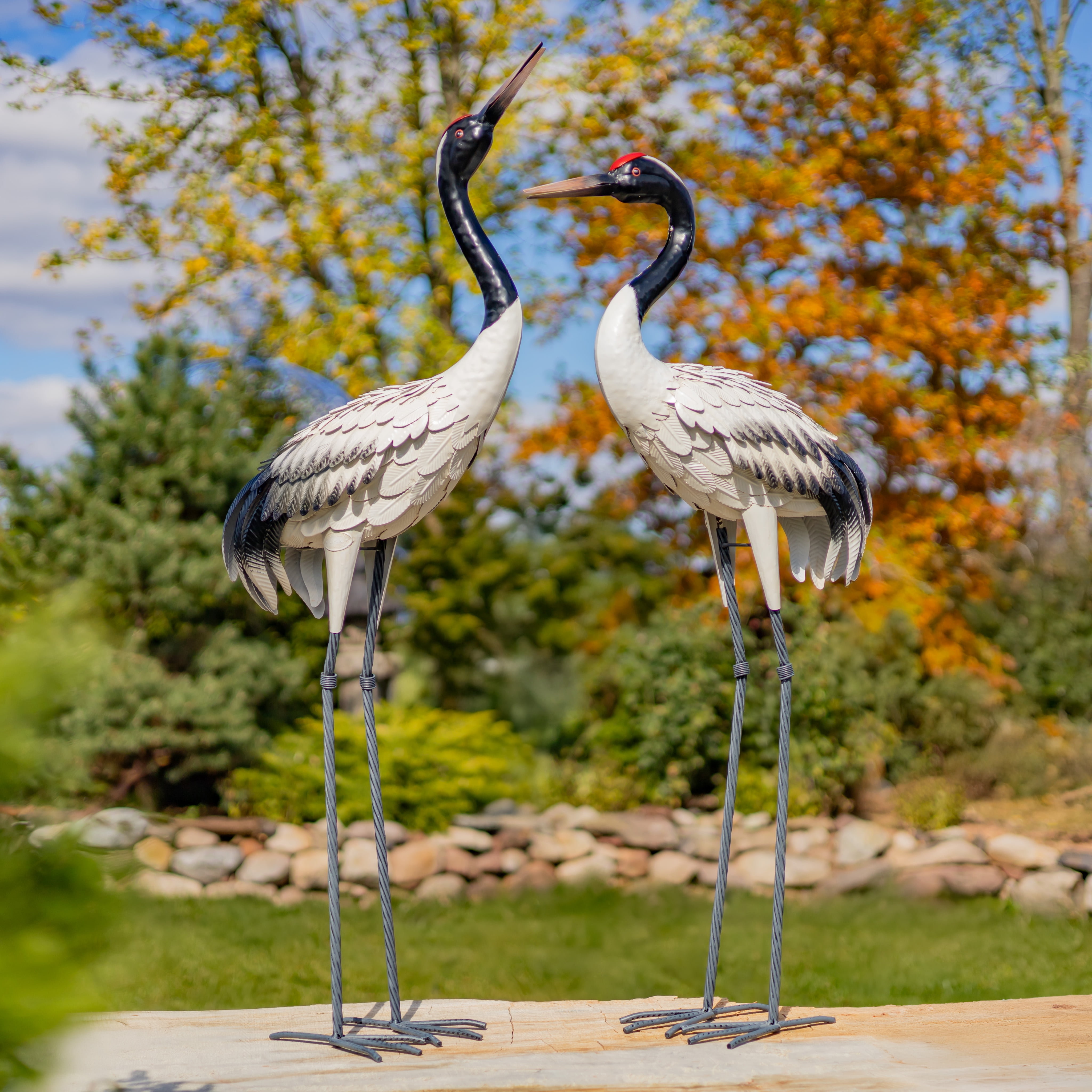 Set of 2 Tall Black-Necked White Iron Crane Garden Figurines
