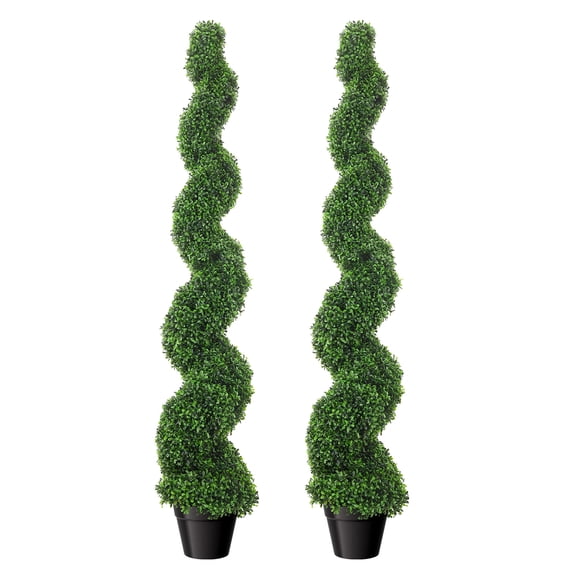Set of 2 59 Inch Spiral Boxwood Topiary Trees, Realistic Leaves with Anti-rust Steel Frame for Garden & Porch Decoration