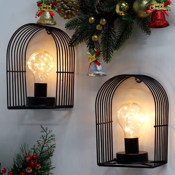 Set of 2 7''H Unique Cordless Wall Sconce Metal Wall Mount Lamp with 6-Hour Timer and Warm White Fairy Lights Bulb Wall Decor