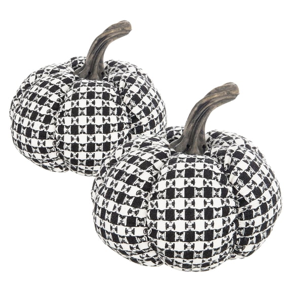 Set of 2, 7x7x6.7" Fabric Black-White Plaid Pumpkin Decor, for Holiday Decoration