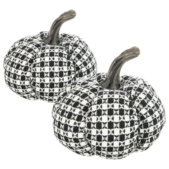 Set of 2, 7x7x6.7" Fabric Black-White Plaid Pumpkin Decor, for Holiday Halloween Decoration