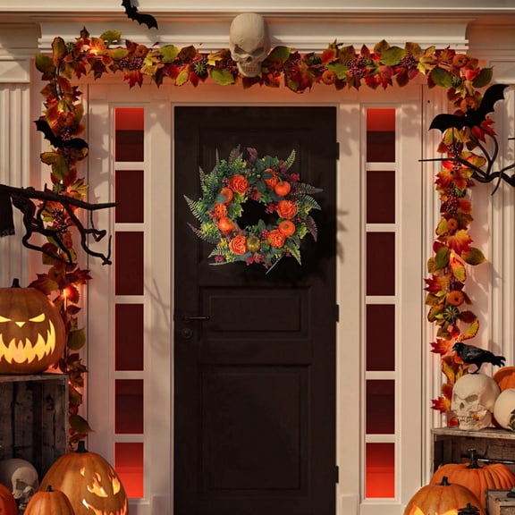 17.71IN Autumn Wreath with Pumpkin Berries Leaves PE Material for Halloween Thanksgiving Door Decor