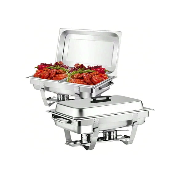 Set of 2 8 QT Stainless Steel Chafing Dishes - Foldable Buffet Warmers with 1/2 & 1/3 Size Pans & Lid Holder for Parties/Events