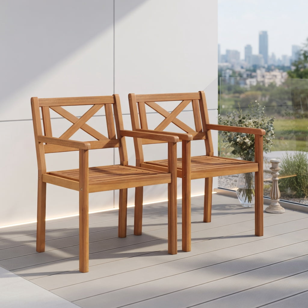 Set of 2 Acacia Wood Outdoor Dining Chairs  Teak Finish, Ergonomic Patio Chairs for Deck, Porch & Garden  Heavy-Duty 400 lb Capacity, Easy Assembly
