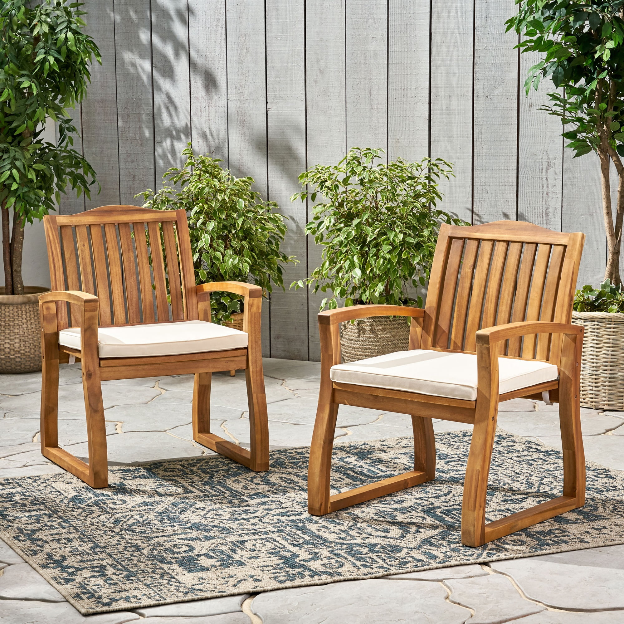 Set of 2 Acacia Wood Outdoor Dining Chairs with Ivory Cushions, Weather-Resistant Patio Dining Seating, Cream