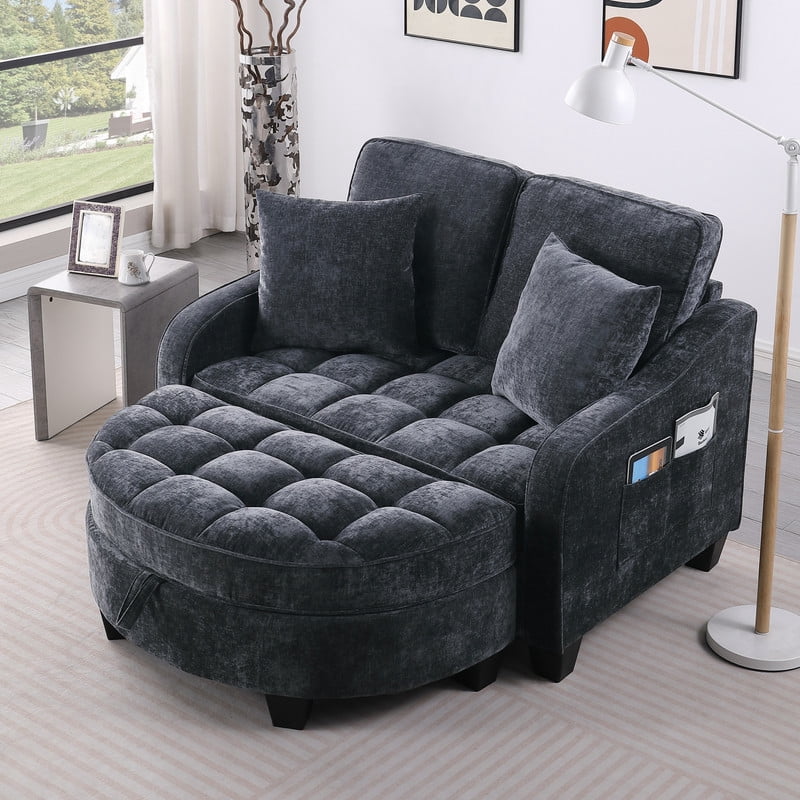 Set of 2 Accent Loveseat Sofa with Storage Ottoman, 2-Seater Armchair Chaise Lounger with Adjustable Backrest & Storage Pockets