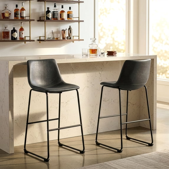 Set of 2 Adan Iron Frame Vintage Gray Faux Leather Bar Stool - Walmart.com
