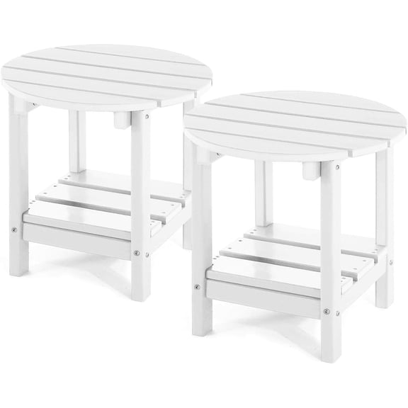 Set of 2 Adirondack Outdoor Side Tables, 2-Tier Round Patio End Table, Weather-Resistant HDPE for Garden, Lawn, Pool, Beach, Porch, Backyard White