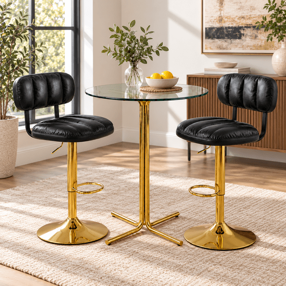 Set of 2 Adjustable Bar Stools, Black PU Upholstered Seat with Gold ...