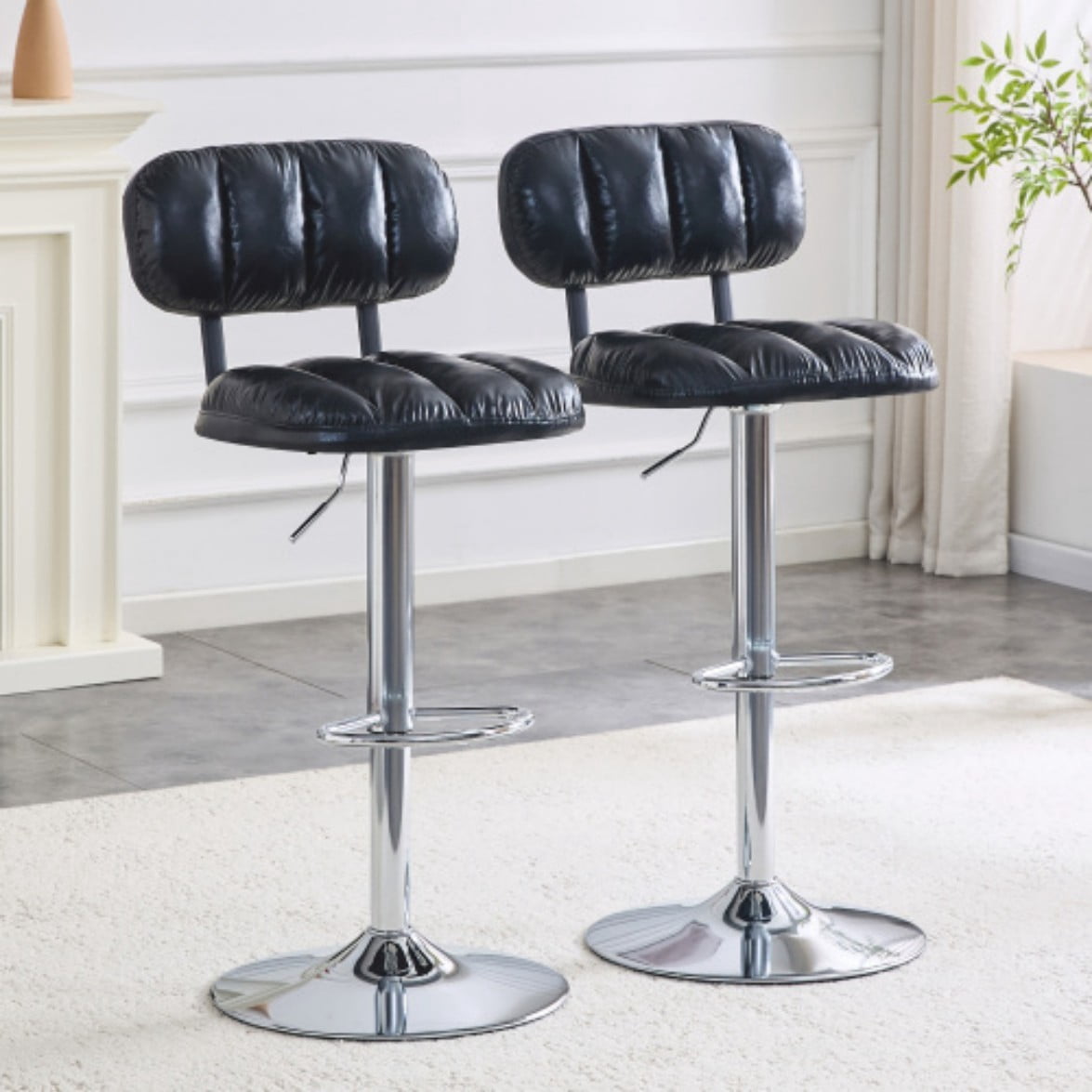 Set of 2 Adjustable Bar Stools, PU Leather Counter Height Chairs with Chrome Base & Footrest for Kitchen Island, Home Bar & Game Room, Black & Silver