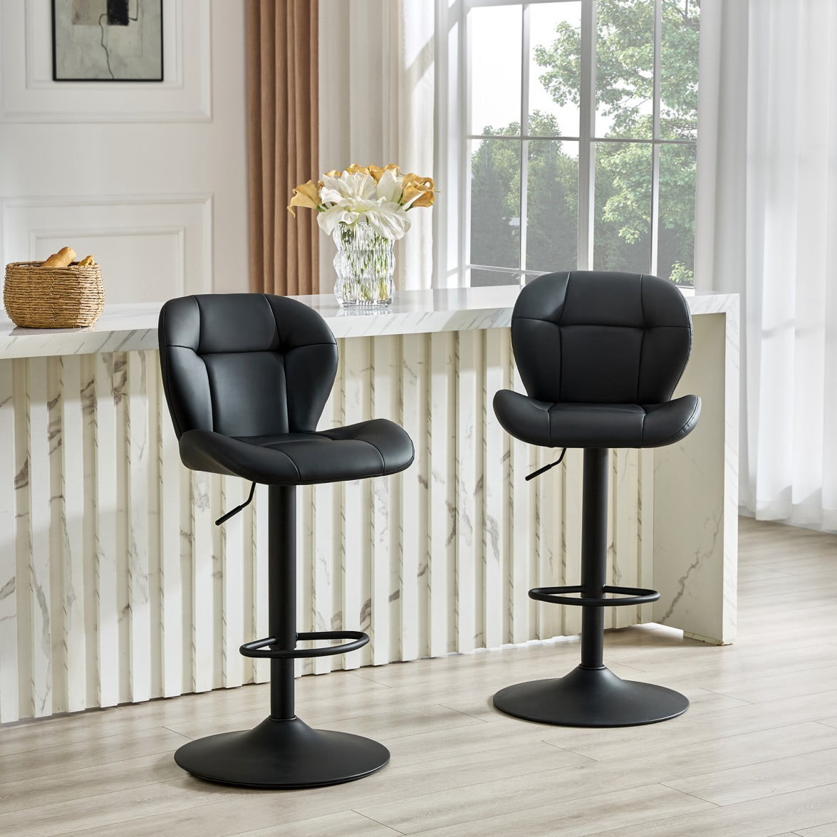 Set of 2 Adjustable Bar Stools, PU Tufted Counter Height Chairs with Metal Base & Footrest for Kitchen Island, Bar & Pub, Black