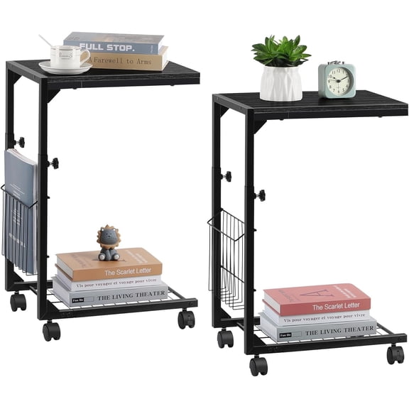 Set of 2 Adjustable C Table Rolling Side Tables w/Basket Slide Under Sofa Table