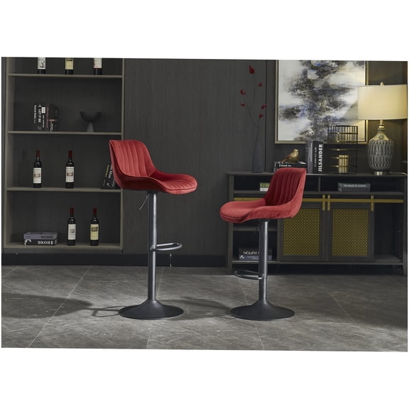 Set of 2 Adjustable Height Bar Stools with Swivel Base, Red Velvet Upholstery and Chrome Footrest