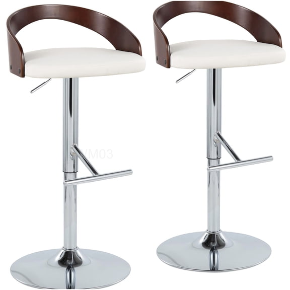 Set of 2 Adjustable Height Swivel Bar Stools with White Faux Leather Seats, Chrome Base