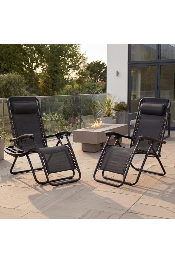 Set of 2 Adjustable Steel Mesh Zero Gravity Lounge Chair Recliners w/Pillows and Cup Holder Trays - Black