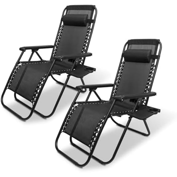 Set of 2 Adjustable Steel Mesh Zero Gravity Lounge Chair Recliners w/Pillows and Cup Holder Trays$$Garden & Patio