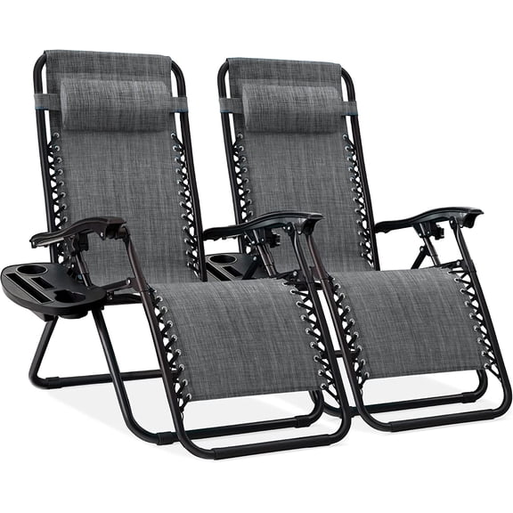 Set of 2 Adjustable Steel Mesh Zero Gravity Lounge Chair Recliners w/Pillows and Cup Holder Trays - Gray