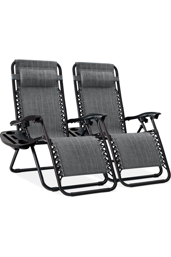 Set of 2 Adjustable Steel Mesh Zero Gravity Lounge Chair Recliners w/Pillows and Cup Holder Trays - Gray