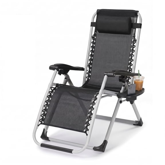 BN-LINK Zero Gravity Lounge Chair, Adjustable Folding Recliner with Pillow and Detachable Cup Holder, Outdoor Lounge Chair Suitable for Backyard, Camping, Beach
