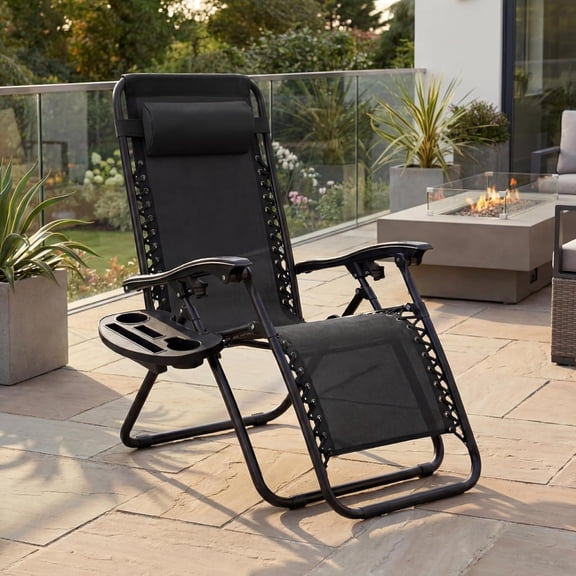 Set of 2 Adjustable Steel Mesh Zero Gravity Lounge Chairs with Pillows and Cup Holders - Black