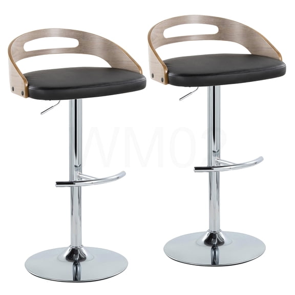 Set of 2 Adjustable Swivel Bar Stools, Chrome Metal Base with Light Grey Wood & Black PU Leather Seat, Round T-Footrest