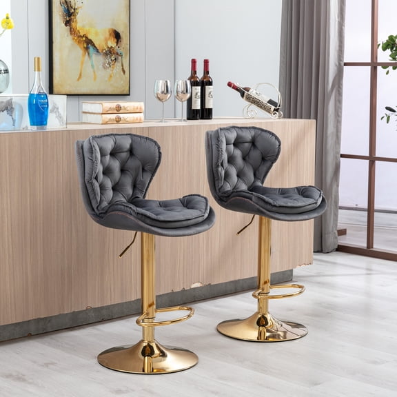 Set of 2 Adjustable Swivel Bar Stools, Gray Velvet Upholstery, Golden Metal Legs, with Footrest, Mechanical Lifting, Suitable for Bar, Kitchen Island