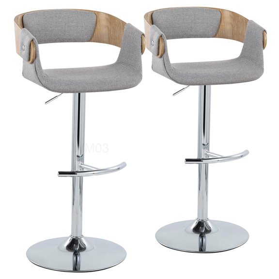Set of 2 Adjustable Swivel Bar Stools, Modern Chrome and Whitewashed Wood Kitchen Counter Stools with Grey Fabric