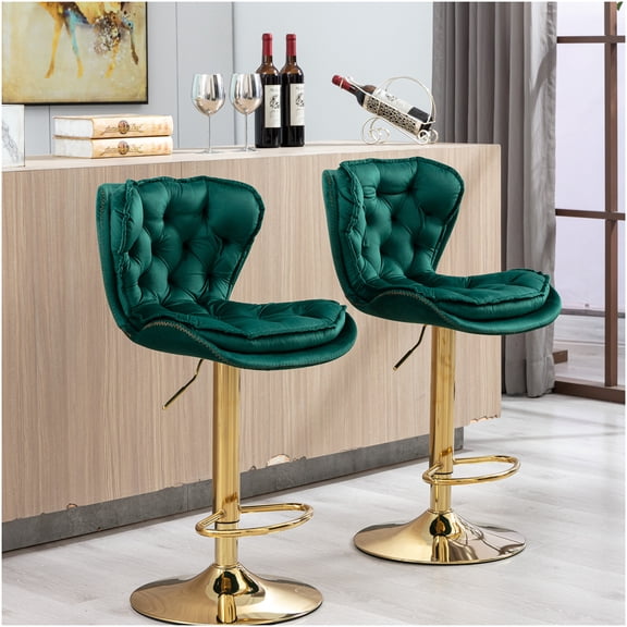 Set of 2 Adjustable Swivel Bar Stools with Chrome Base and Velvet Upholstery, Green