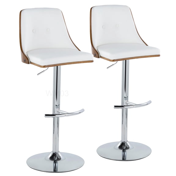 Set of 2 Adjustable Swivel Bar Stools with Chrome Metal Base and White Faux Leather Seat