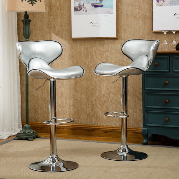 Set of 2 Adjustable Swivel Barstools with Base, Faux Leather Upholstered Bar Stools for Kitchen Counter Island, Silver