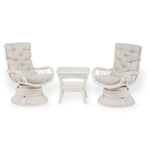 Set of 2 Alexa Swivel Rocking Armchairs  and Square Coffee Table Natural Rattan Wicker Handmade Design with Cushion, White Color