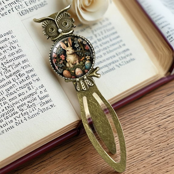 Set of 2 Alloy Owl Bookmarks with Easter Bunny Egg Design, Antique Brass Vintage Style Bookmark for Readers, 3.3 Inch Slim Literary Gift