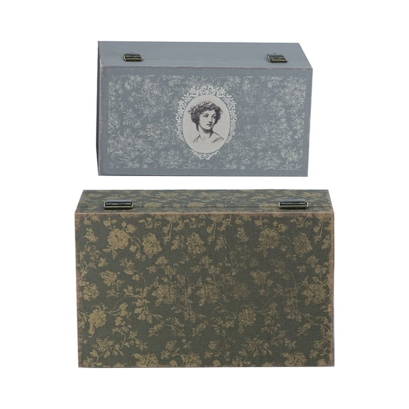 Set of 2 Antique Decorative Storage Boxes with Floral and Portrait Prints