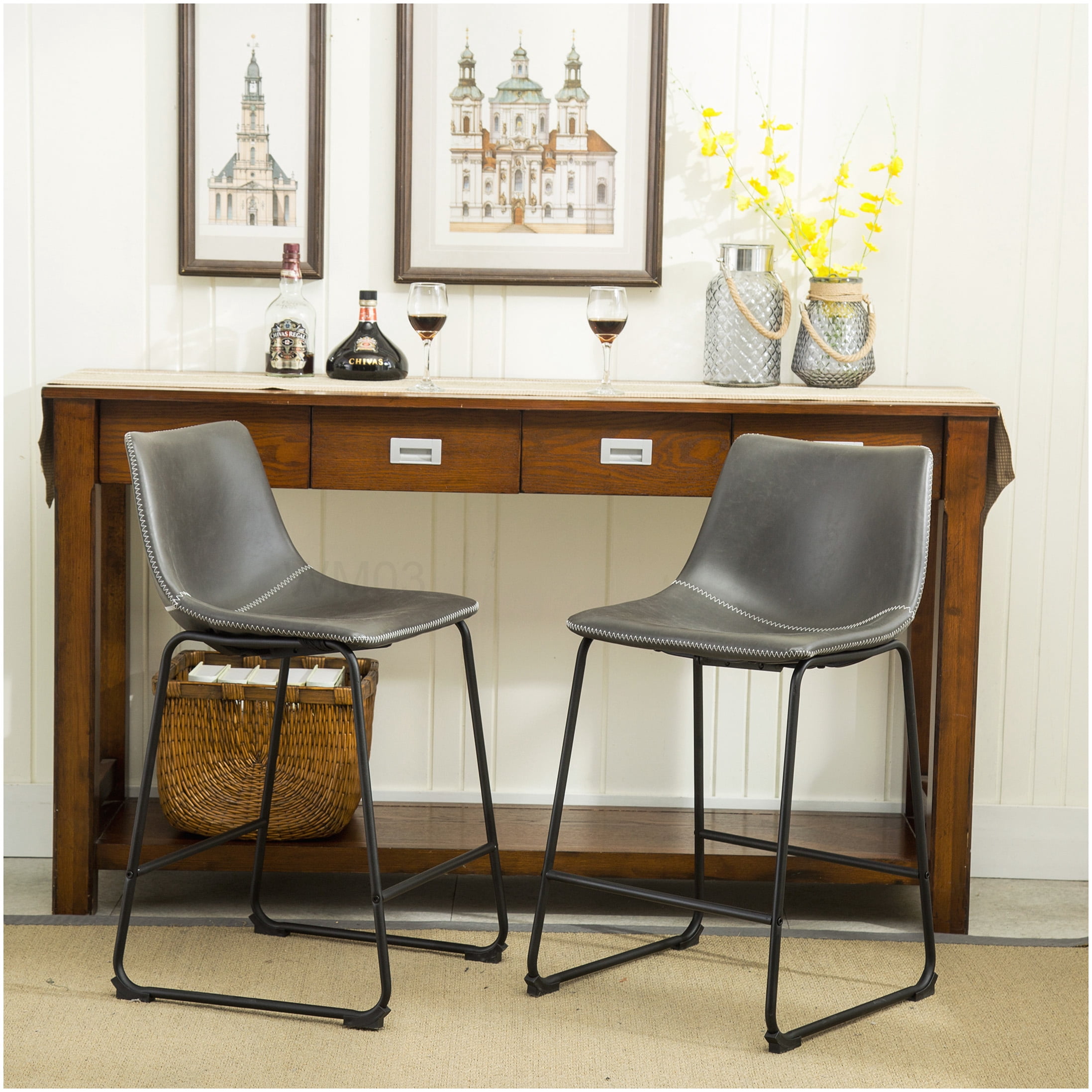 Set of 2 Antique Gray Bar Stools, Vintage PU Leather Counter Stools ...