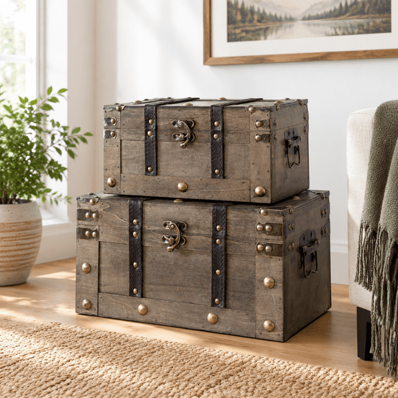 Set of 2 Antique Style Wooden Storage Trunks with Hinged Lids