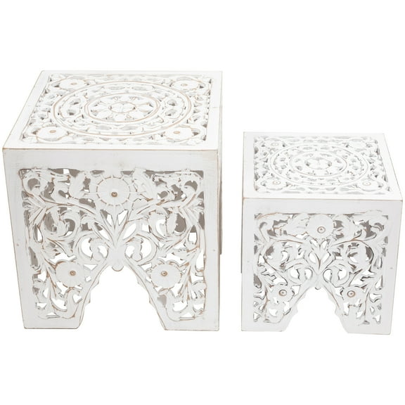 Set of 2 Antique White Square Stackable Nesting Side Table and Stool 16"