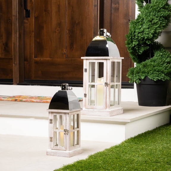 Northlight Antique Style Wooden Candle Lanterns - 21.5" - White and Silver- Set of 2