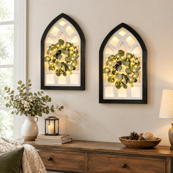 Set of 2 Arched Window Frame (Black), 23"L x 13.3"W Farmhouse Wall Decor